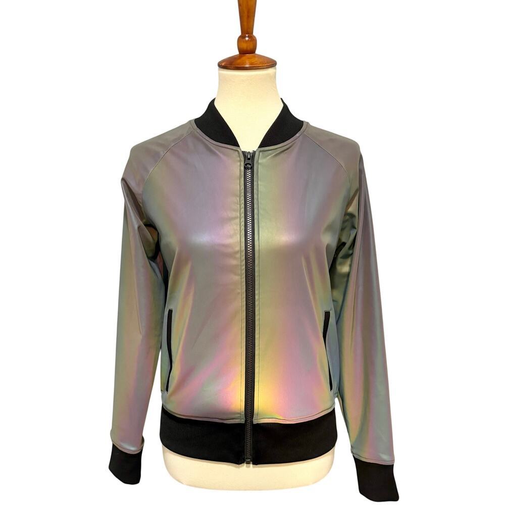 Holographic Reflective Bomber Jacket Iridescent Silver Black Line Noli, Size S - Picture 2 of 10